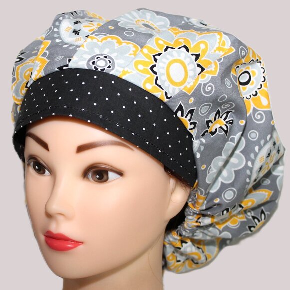 New Bouffant Scrub Cap Golden Bloom Medallions, Handmade - BW dots - Picture 3 of 8